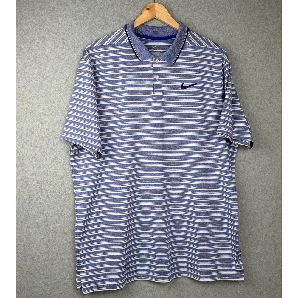 Nike Dri-FIT Polo Shirt Men's Large Blue White Striped Golf Shirt